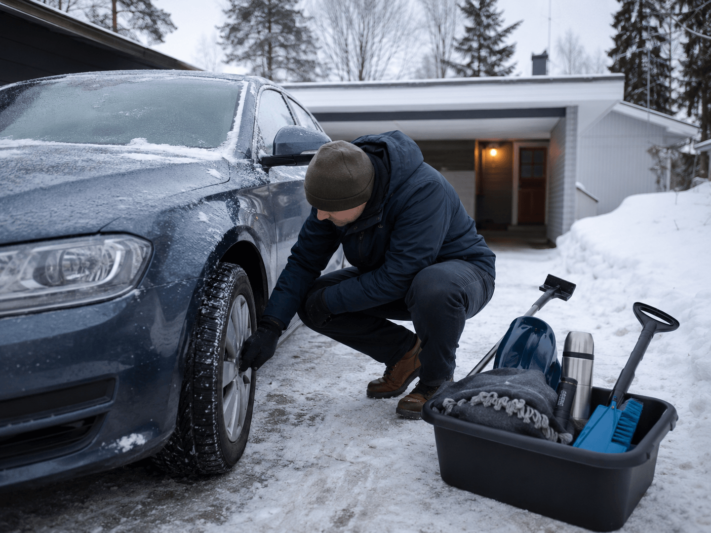 Auton talvihuolto, mies huoltamassa auton talvirenkaita