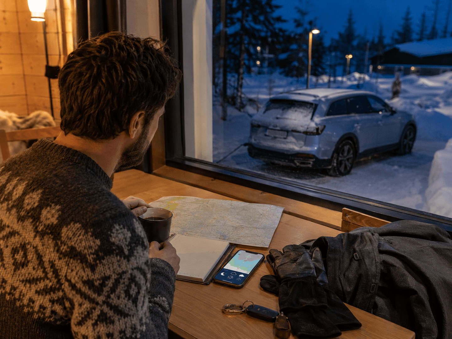 Talviroadtrip suomessa. Suunnittelu, mies katsomassa karttaa ja selaamssa puhelimella majoitusvaihtoehtoja